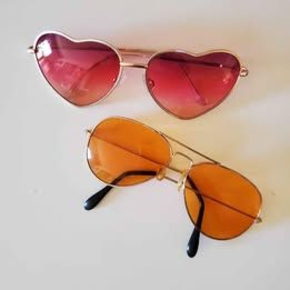2 Pair - Heart Shaped / Pink & Orange Aviator Sunglasses Light Metal Frame